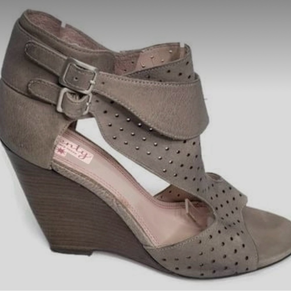 Plenty by Tracy Reese Taupe Perforated Double-Buckle Wedge Sandals